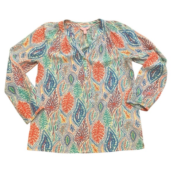 Lilly Pulitzer Tops - Lilly Pulitzer Elsa‎ Silk Top Size Small Let Minnow Coral Print Blue Long Sleeve
